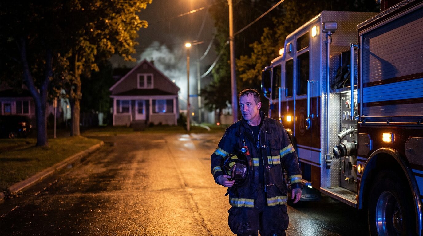 Firefighter standing calmly at night, representing self leadership and presence before action