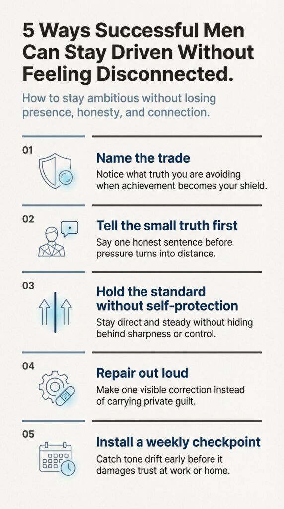 Why Successful Men Feel Disconnected Even When They’re Winning 1 Why Successful Men Feel Disconnected Infographic showing five ways successful men can stay driven without feeling disconnected: name the trade, tell the small truth first, hold the standard without self-protection, repair out loud, and install a weekly checkpoint.
