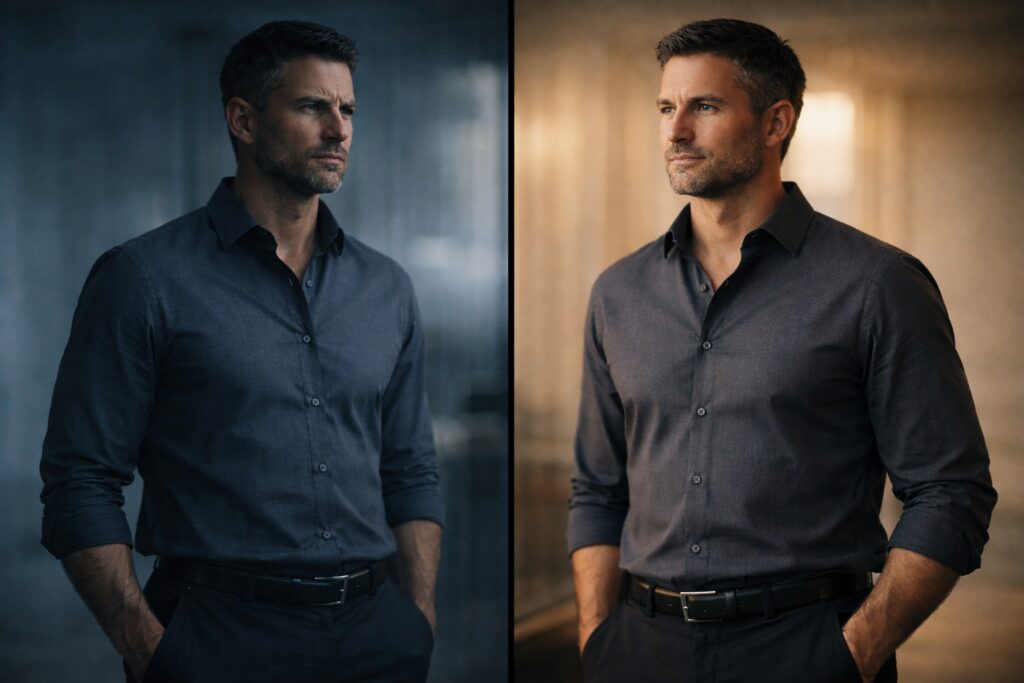 Self-Directed Anger in Men: A Clean Recalibration 1 Cinematic split portrait illustrating self-directed anger in men and internal recalibration