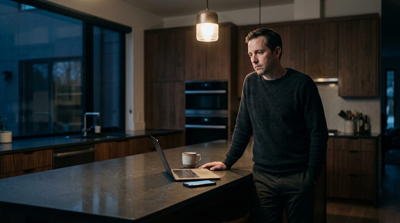 Why Successful Men Feel DisconnectedSuccessful man standing alone in a quiet kitchen with a laptop and phone, appearing composed but emotionally distant